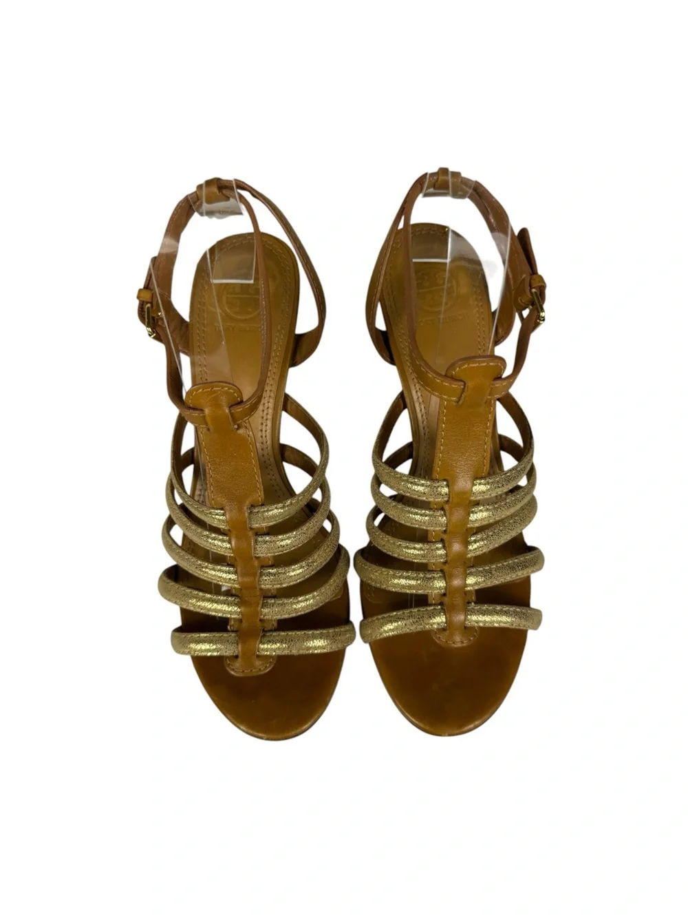 Tory Burch Charlene Caged Leather Strappy Brown Gold Heeled Sandals Sz 8.5
